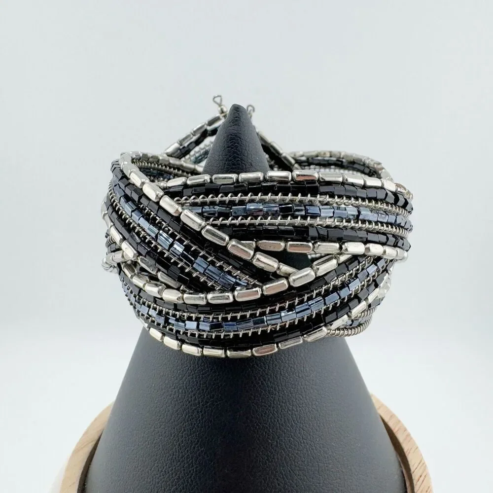 Vintage Wide Multi-Strand Cuff Stretch Black Silver Tone Bead Chain Statement